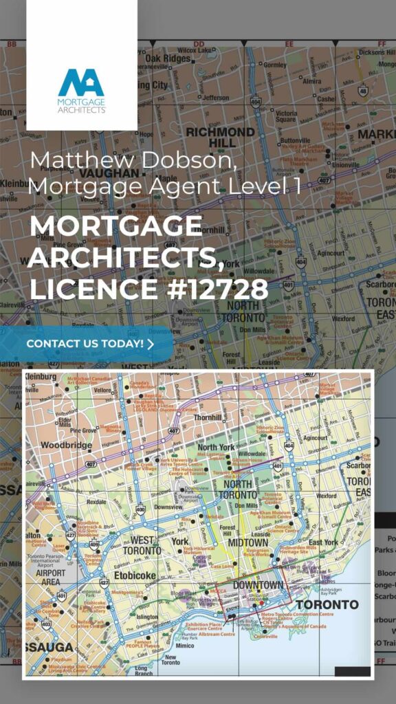 Map of the Greater Toronto Area overlaid with Mortgage Architects GTA branding and agent license details—used to highlight commercial mortgage and equipment financing services across Toronto.