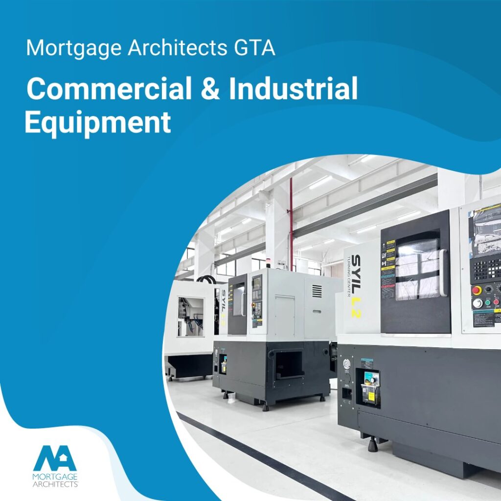 Interior of a clean industrial facility with advanced CNC machinery—used in a Mortgage Architects GTA poster promoting commercial equipment financing.