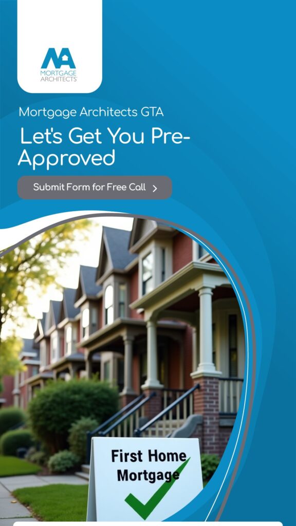 Mortgage Architects GTA poster encouraging first-time homebuyers to get pre-approved, with a townhome background and ‘First Home Mortgage’ sign.