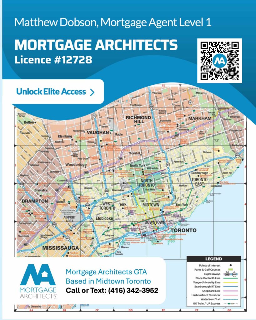 Toronto area service map for Mortgage Architects GTA with agent Matthew Dobson, Licence #12728, based in Midtown Toronto. Includes QR code, contact info, and unlock elite access message.