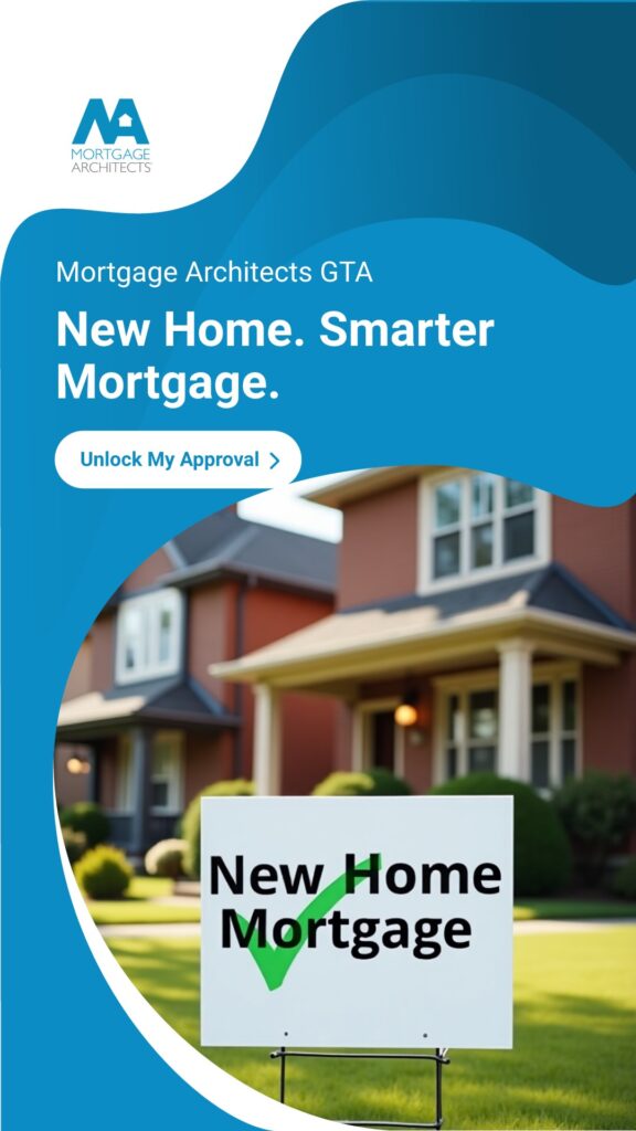 CTA poster by Mortgage Architects GTA promoting pre-approval for new homebuyers, set in a suburban neighborhood with bright curb appeal.