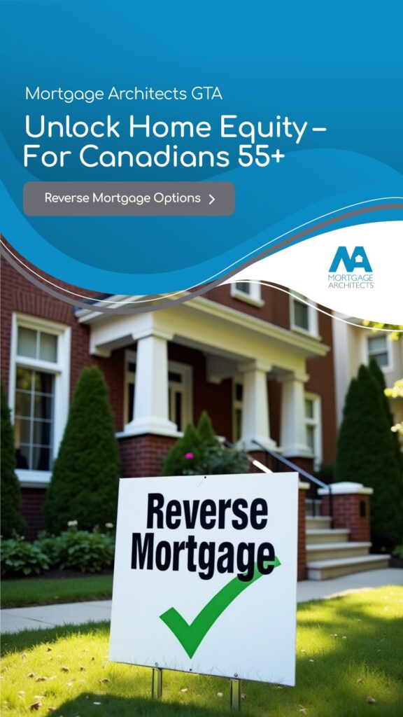 Mortgage Architects GTA reverse mortgage poster featuring a lawn sign in front of a traditional brick home, promoting home equity solutions for Canadians 55 and older.