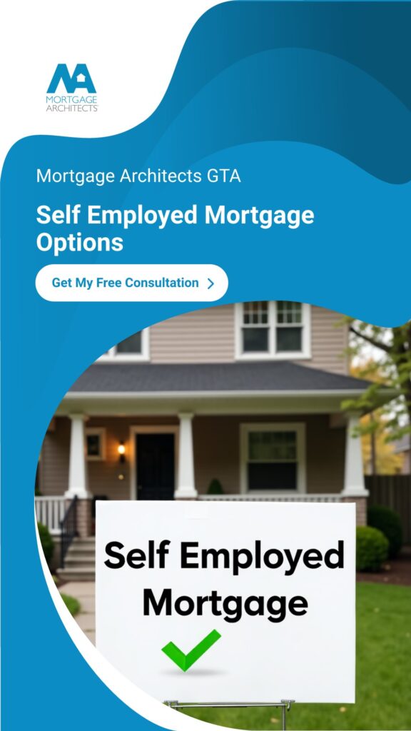 CTA poster showing a residential street with a sign reading ‘Reverse Mortgage,’ repurposed to invite self-employed buyers to get pre-approved.