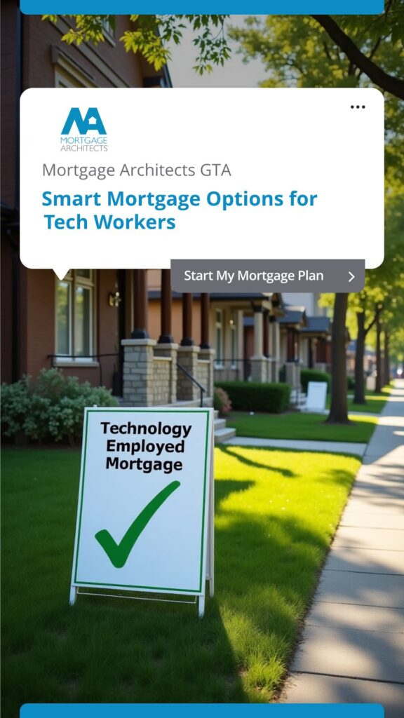 Portrait CTA image for Toronto tech professionals showing a laptop scene outside townhomes with a ‘Technology-Employed Mortgage’ sign.